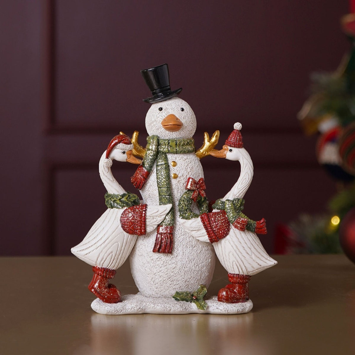 Christmas Snowman & Two Geese Resin Figurine - White & Red
