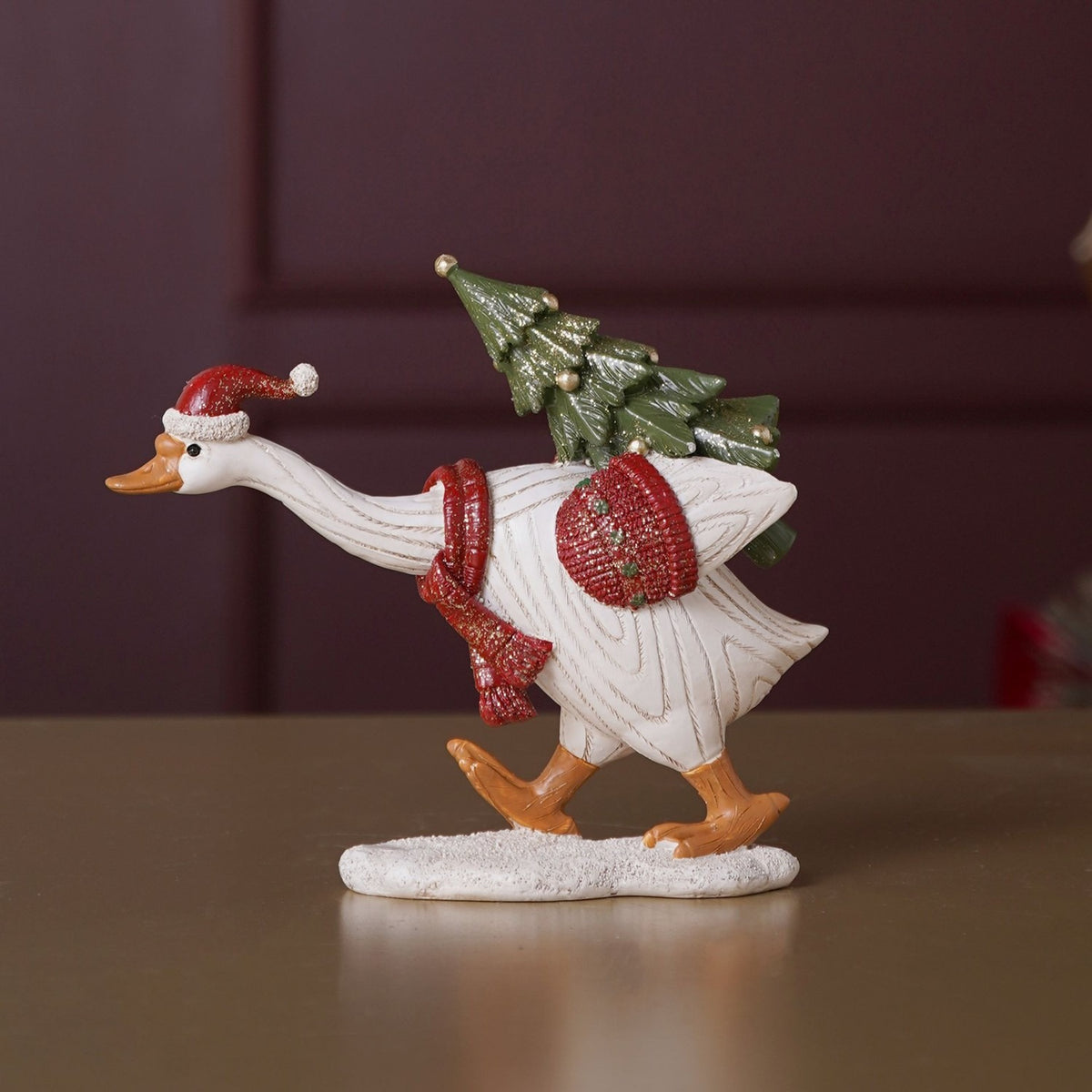Santa Hat Duck Resin Figurine with Christmas Tree - White & Red