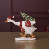 Santa Hat Duck Resin Figurine with Christmas Tree - White & Red