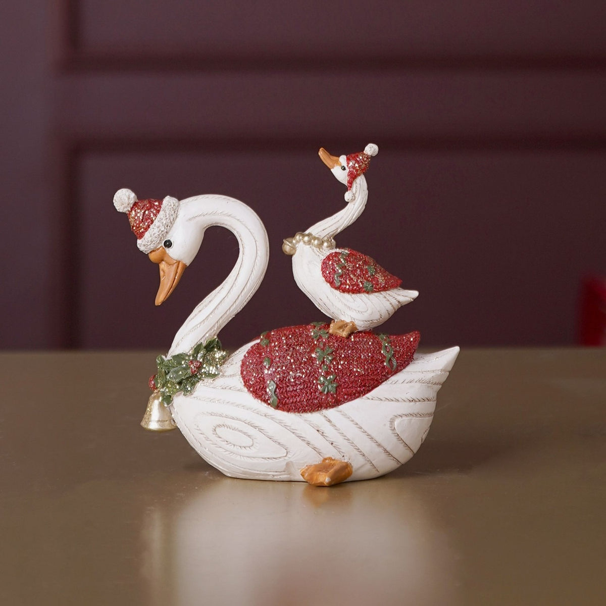 Christmas Swans Resin Figurine with Santa Hats - White & Red