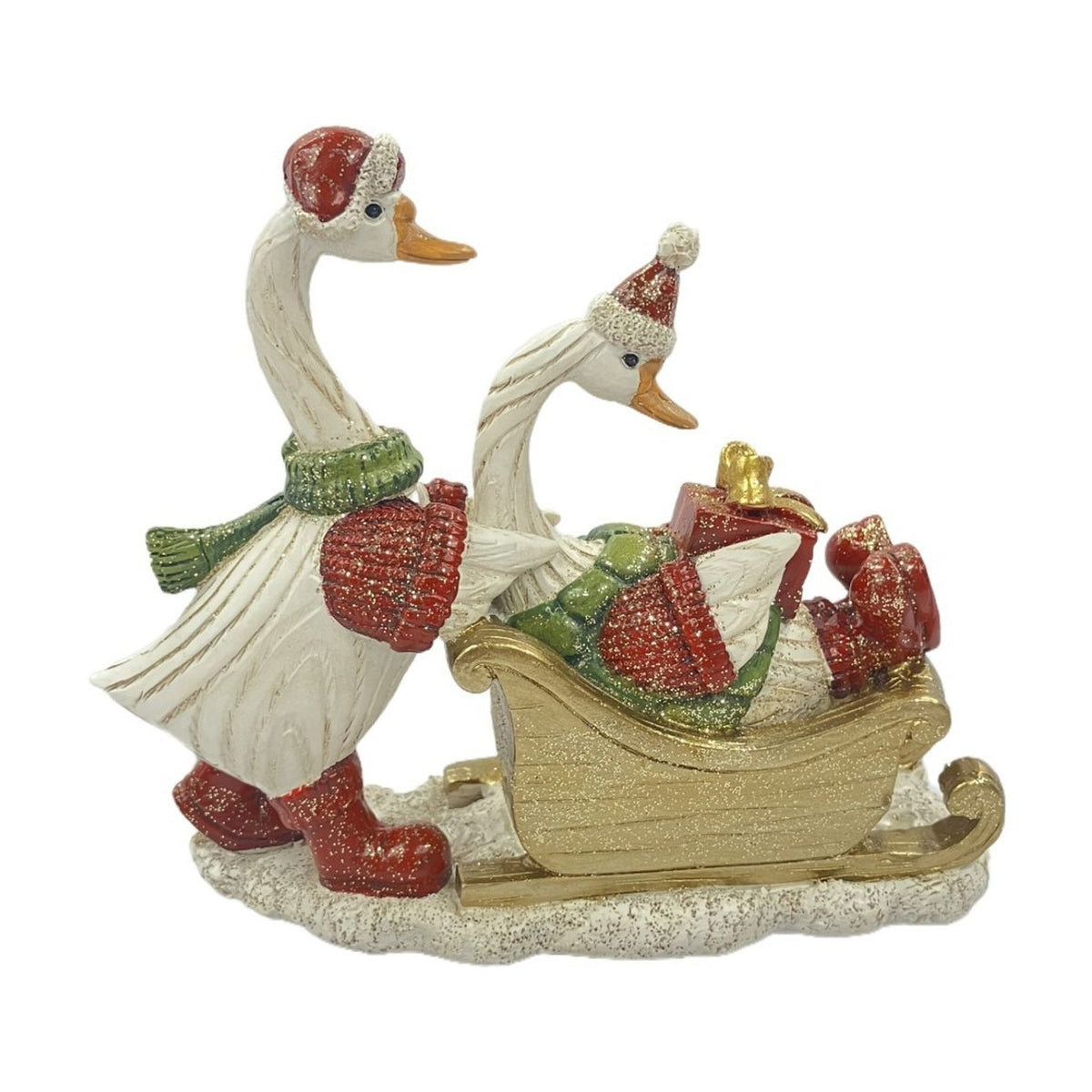 Christmas Geese on Gold Sleigh Resin Figurine - White & Red