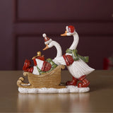 Christmas Geese on Gold Sleigh Resin Figurine - White & Red