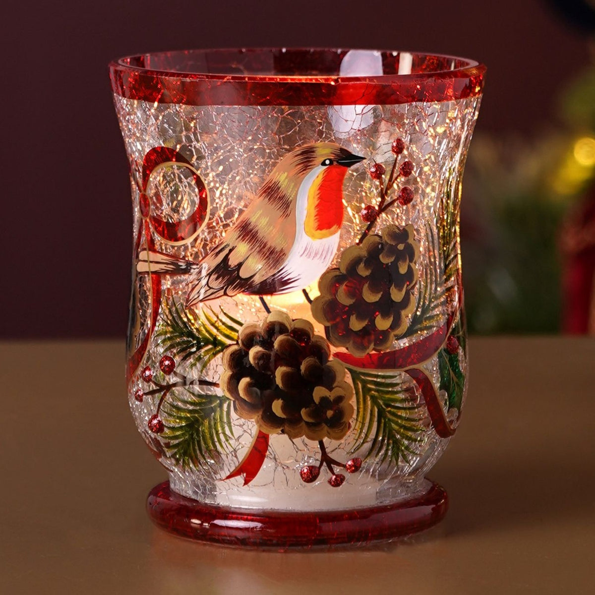 Robin Crackle Glass Votive Candle Holder 11cm - Red & Brown