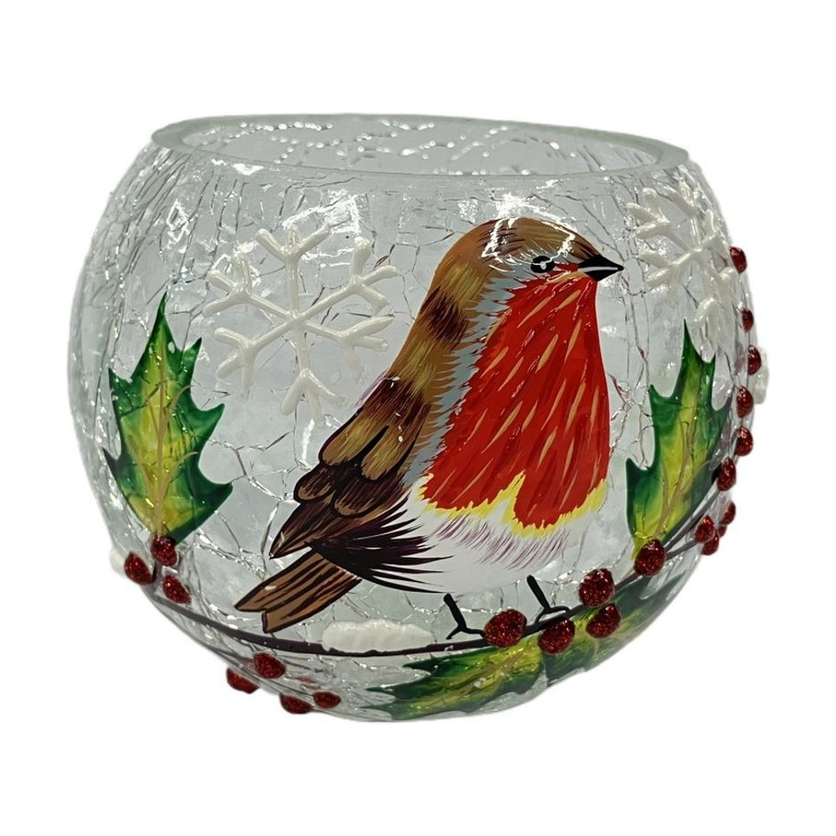 Robin Crackle Effect Glass Tea Light Candle Holder - Red & Green