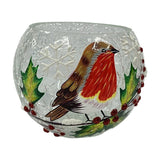 Robin Crackle Effect Glass Tea Light Candle Holder - Red & Green
