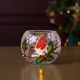 Robin Crackle Effect Glass Tea Light Candle Holder - Red & Green
