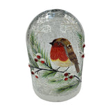 Robin Dome Crackle Glass Light-Up Decoration 18.5cm - Red & Green