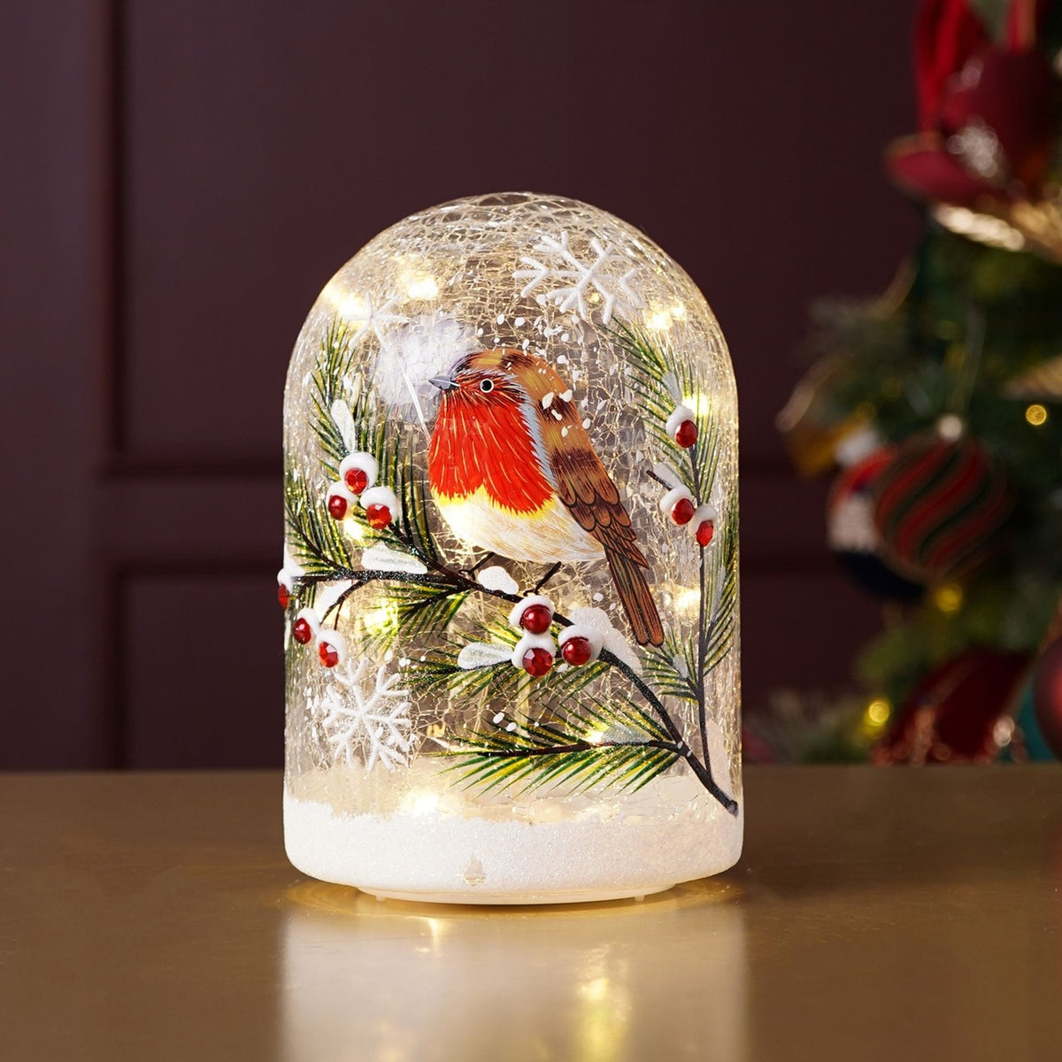Robin Dome Crackle Glass Light-Up Decoration 18.5cm - Red & Green