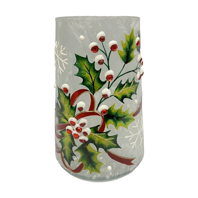 Holly and Snowflake Design Crackle Glass Vase in white, 18.2cm, with painted holly leaves, red berries, and ribbon detail, shown on a plain white background.