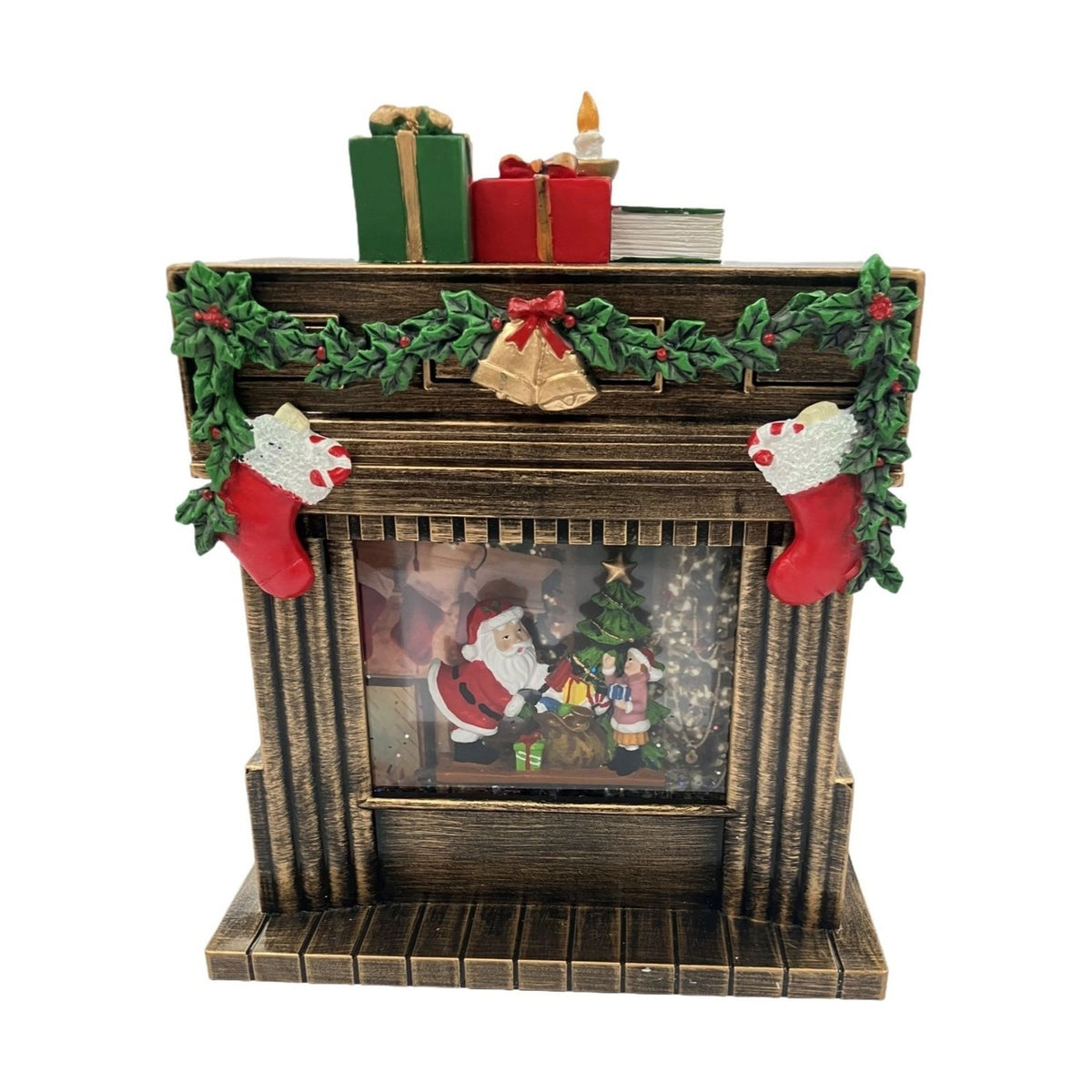 Warm LED Fireplace Light-Up Decoration 23cm - Brown & Green