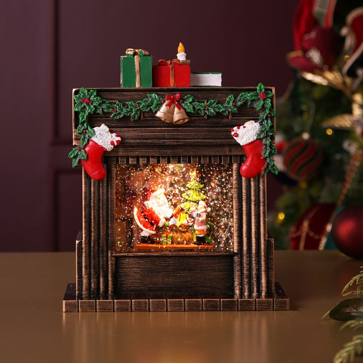 Warm LED Fireplace Light-Up Decoration 23cm - Brown & Green