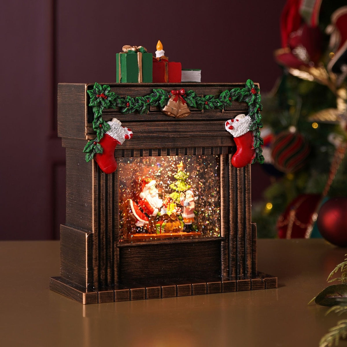Warm LED Fireplace Light-Up Decoration 23cm - Brown & Green