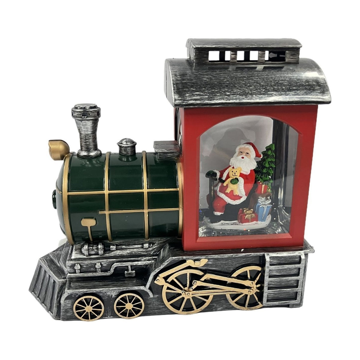 LED Glitter Santa Train light-up decoration, 21.5cm, with red cab, green boiler, antiqued silver roof and gold wheels, Santa visible inside with teddy, tree and presents, on a white background.