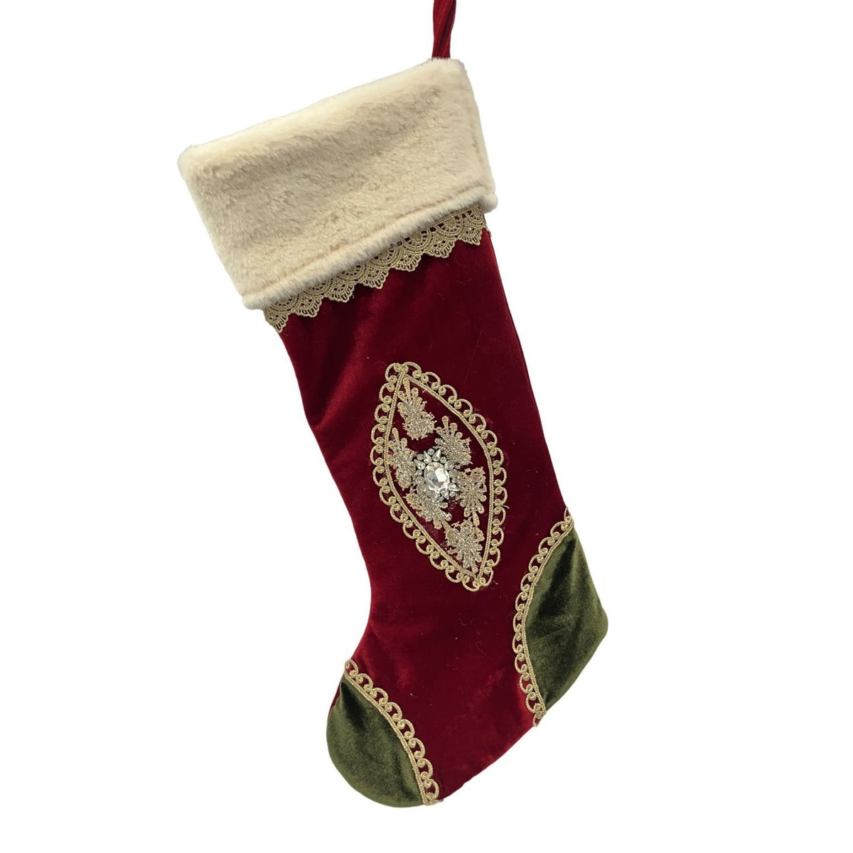 Jewelled Medallion Cuffed Hanging Stocking 53cm - Red & Gold