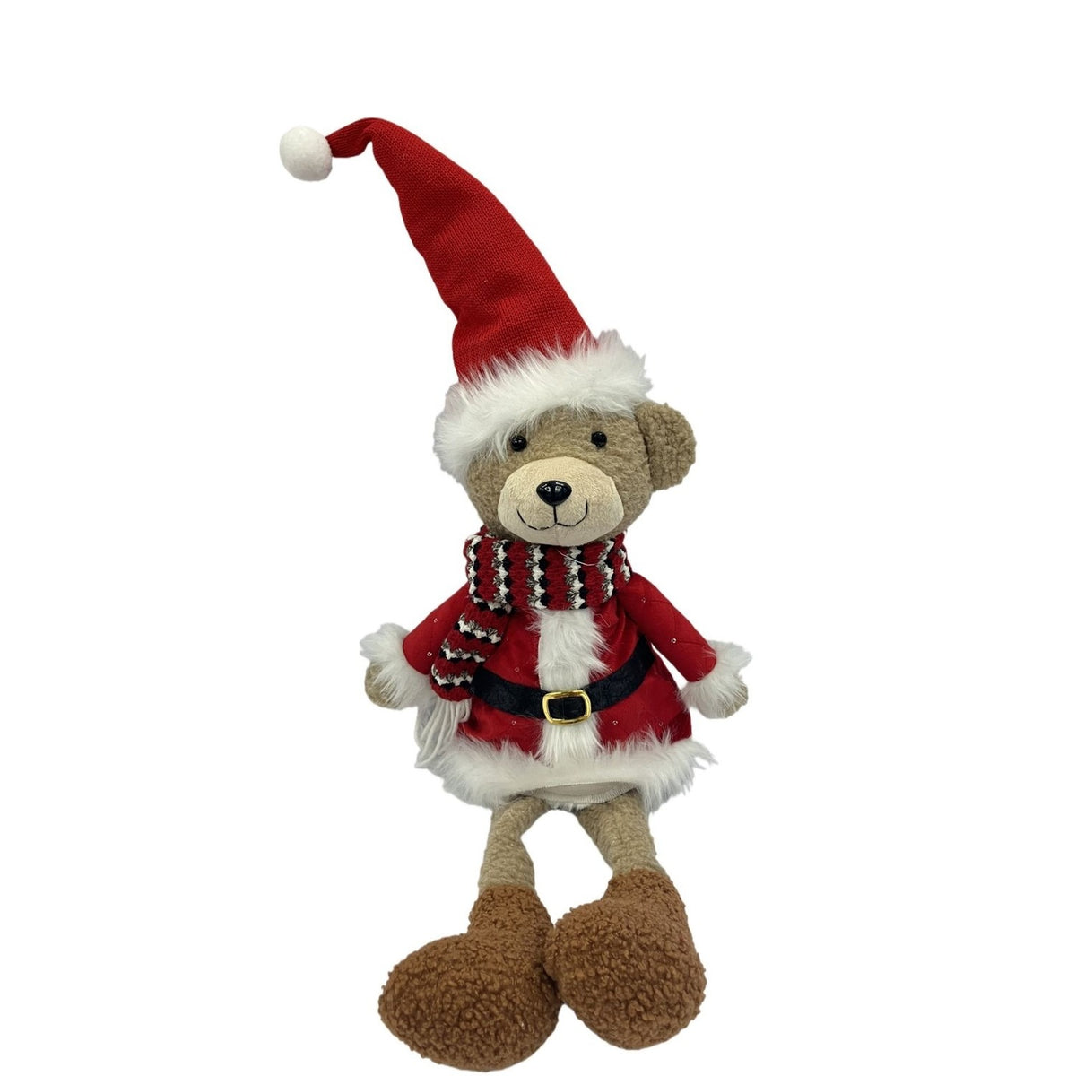 Sitting bear Christmas decoration dressed as Santa with red coat, white fur trim, black belt, striped scarf, red hat, and brown furry boots on a white background.