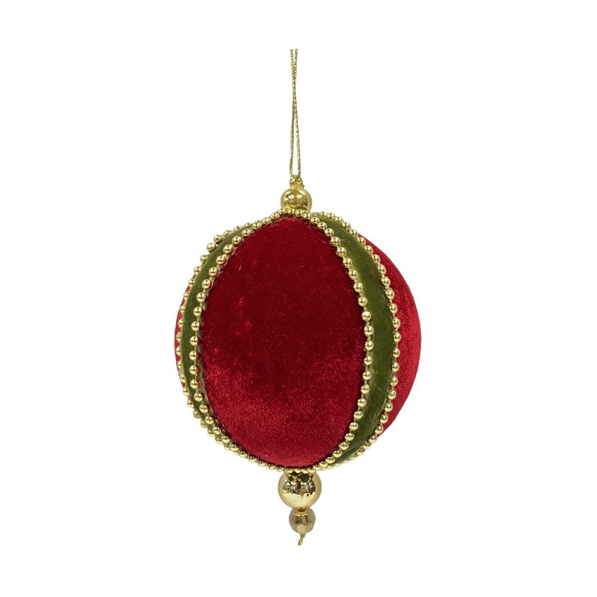 Round hanging Christmas bauble with red velvet panels divided by green bands, edged in gold-coloured beads, gold hanging loop and drop beads below, on a plain white background.