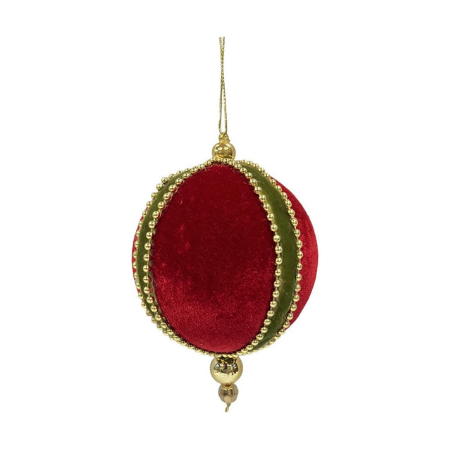 Round hanging Christmas bauble with red velvet panels divided by green bands, edged in gold-coloured beads, gold hanging loop and drop beads below, on a plain white background.