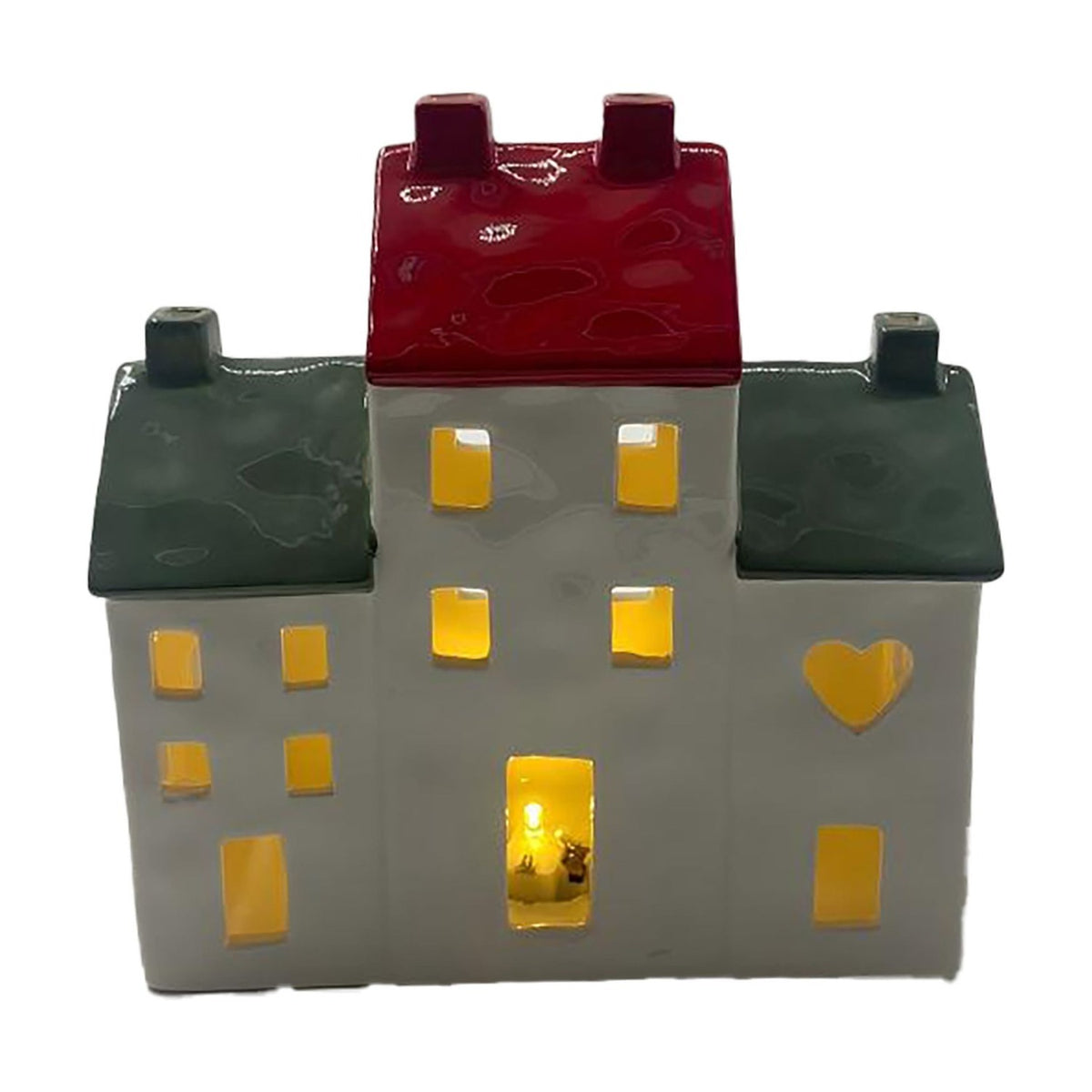 Ceramic Houses Light-Up Decoration with Red & Green Roofs - White