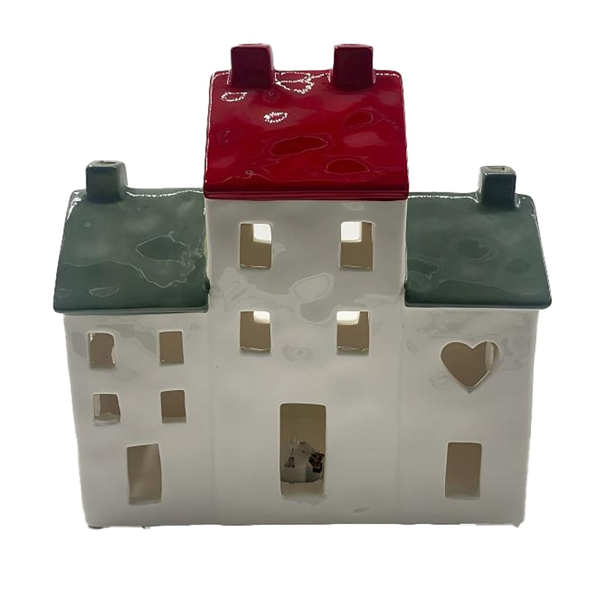 Ceramic Houses Light-Up Decoration with Red & Green Roofs - White