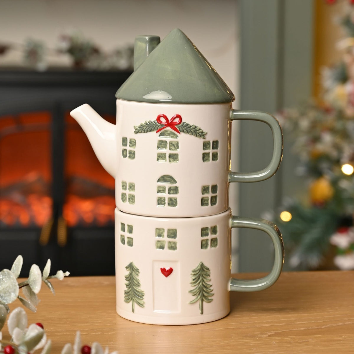 Tea for 1 Stoneware House Teapot with Mug Set - Cream & Green