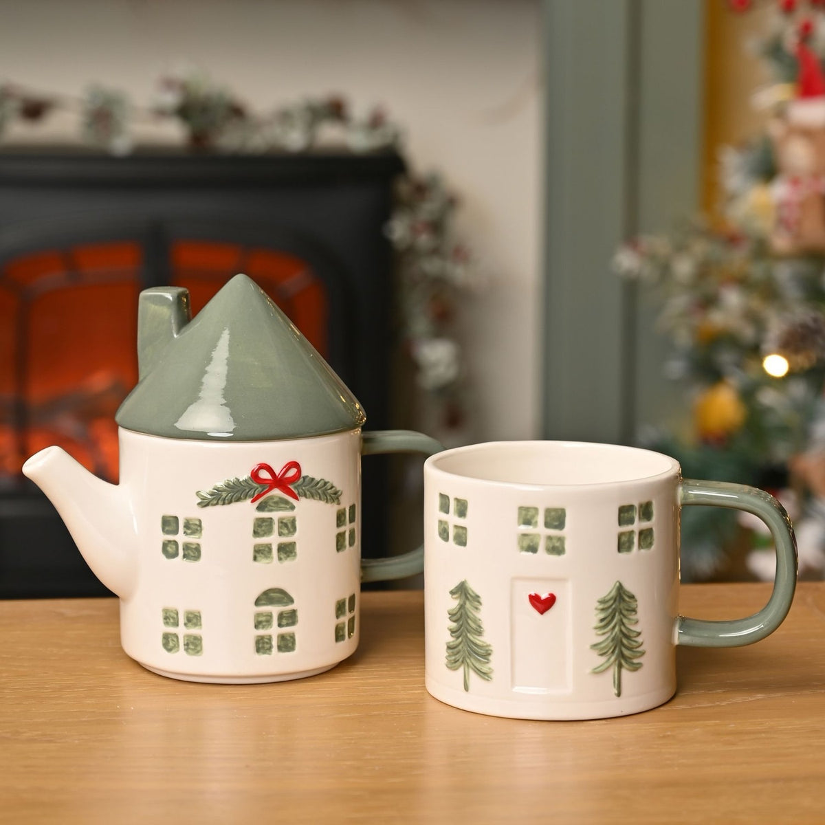 Tea for 1 Stoneware House Teapot with Mug Set - Cream & Green