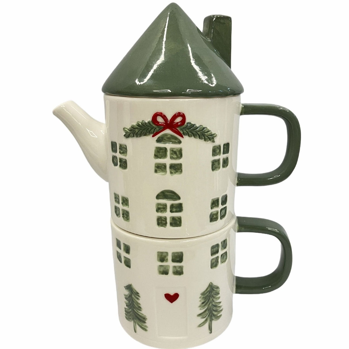 Tea for 1 Stoneware House Teapot with Mug Set - Cream & Green