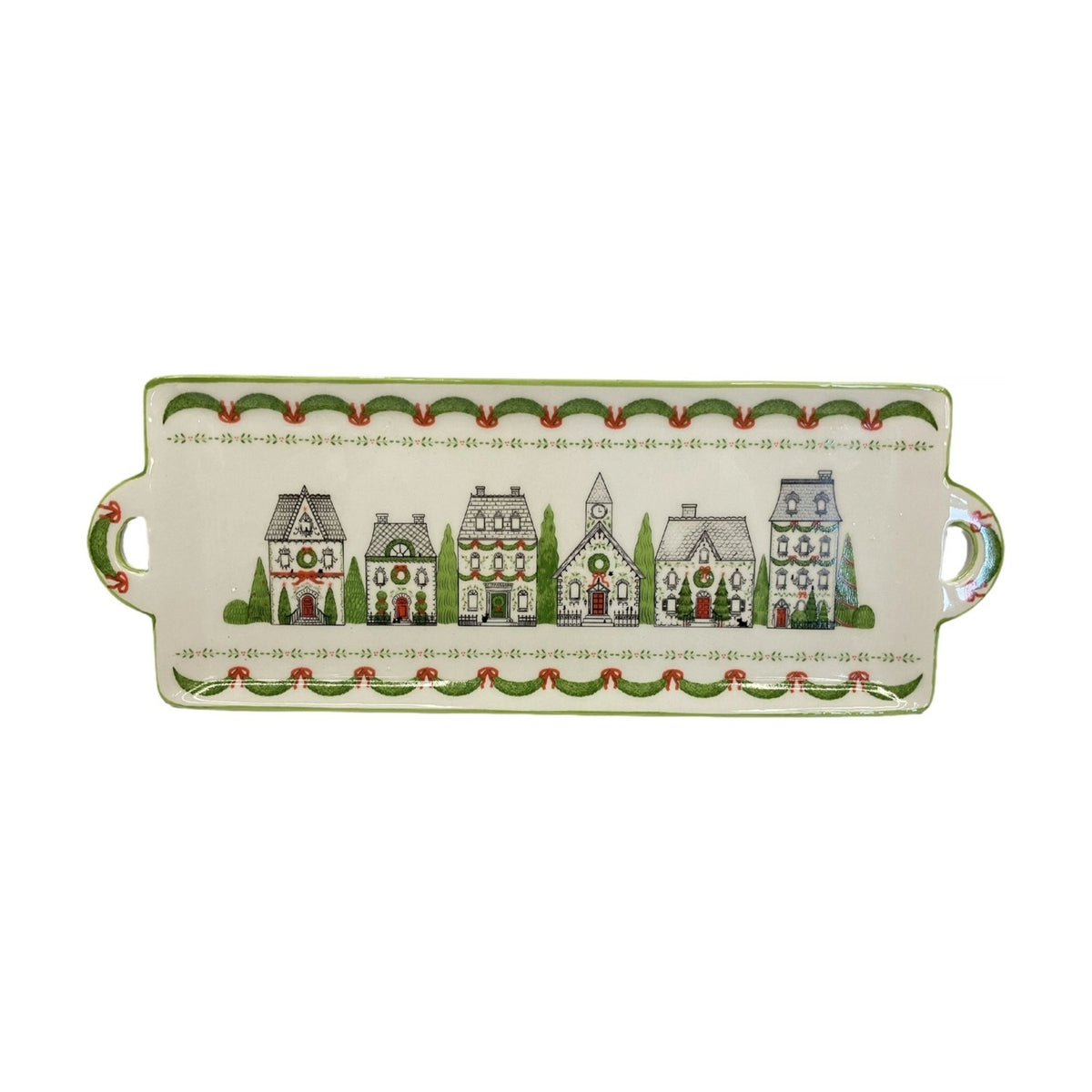Rectangular Earthenware Cake Plate with Christmas Houses - Cream
