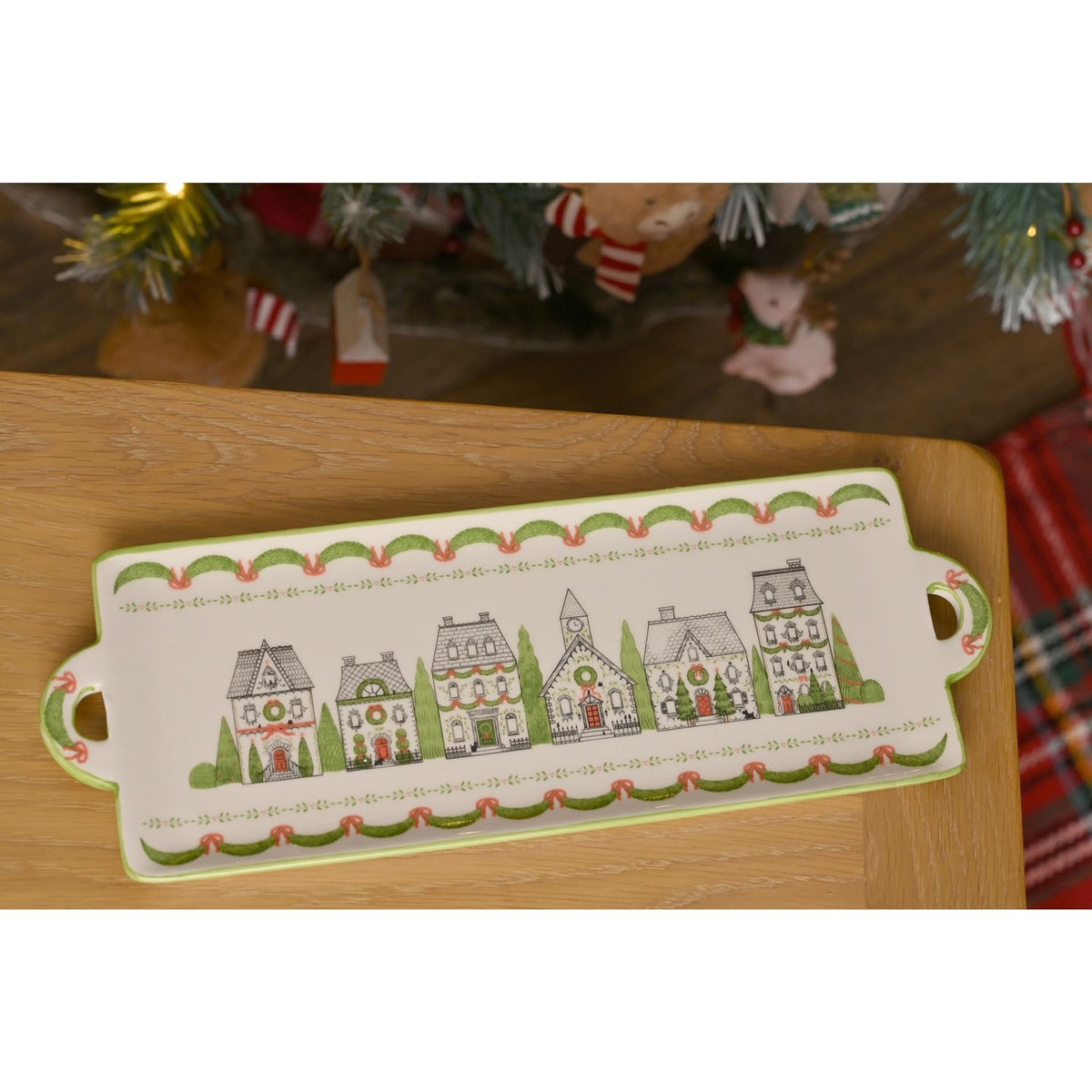 Rectangular Earthenware Cake Plate with Christmas Houses - Cream