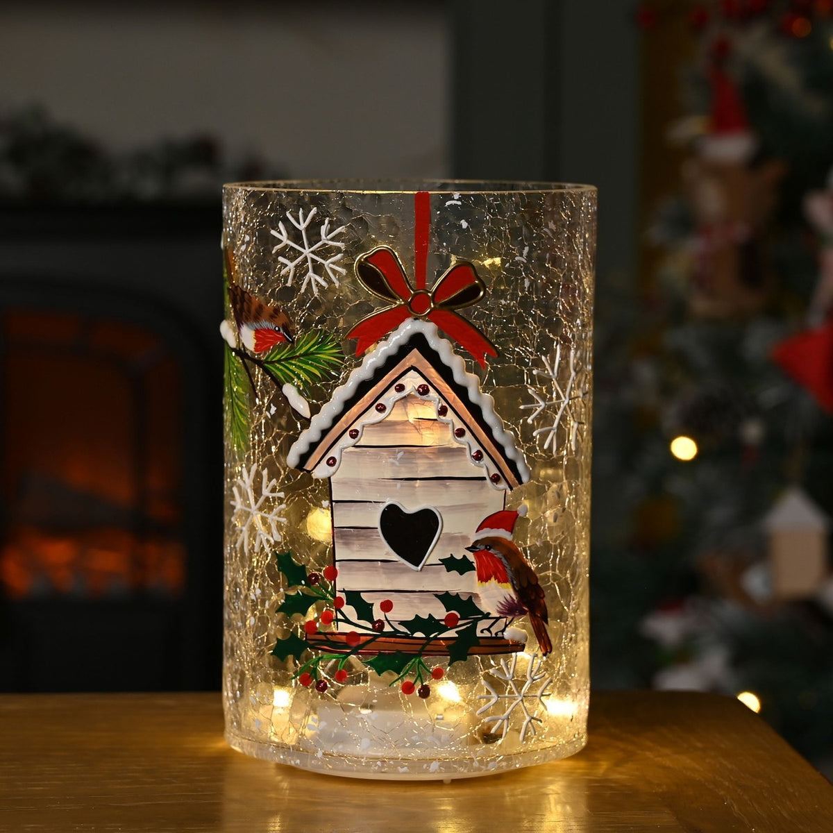 Birdhouse Crackle Glass Christmas LED Light-Up Decoration - Clear