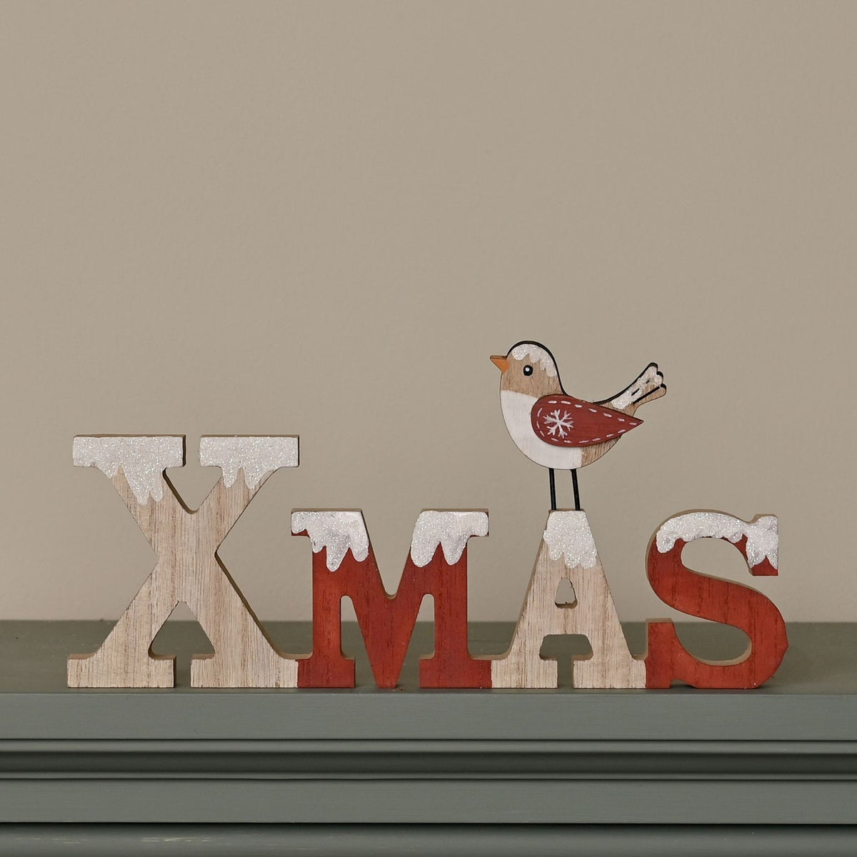 Snowy Xmas Mantel Plaque with Robin 24cm - Natural & Red