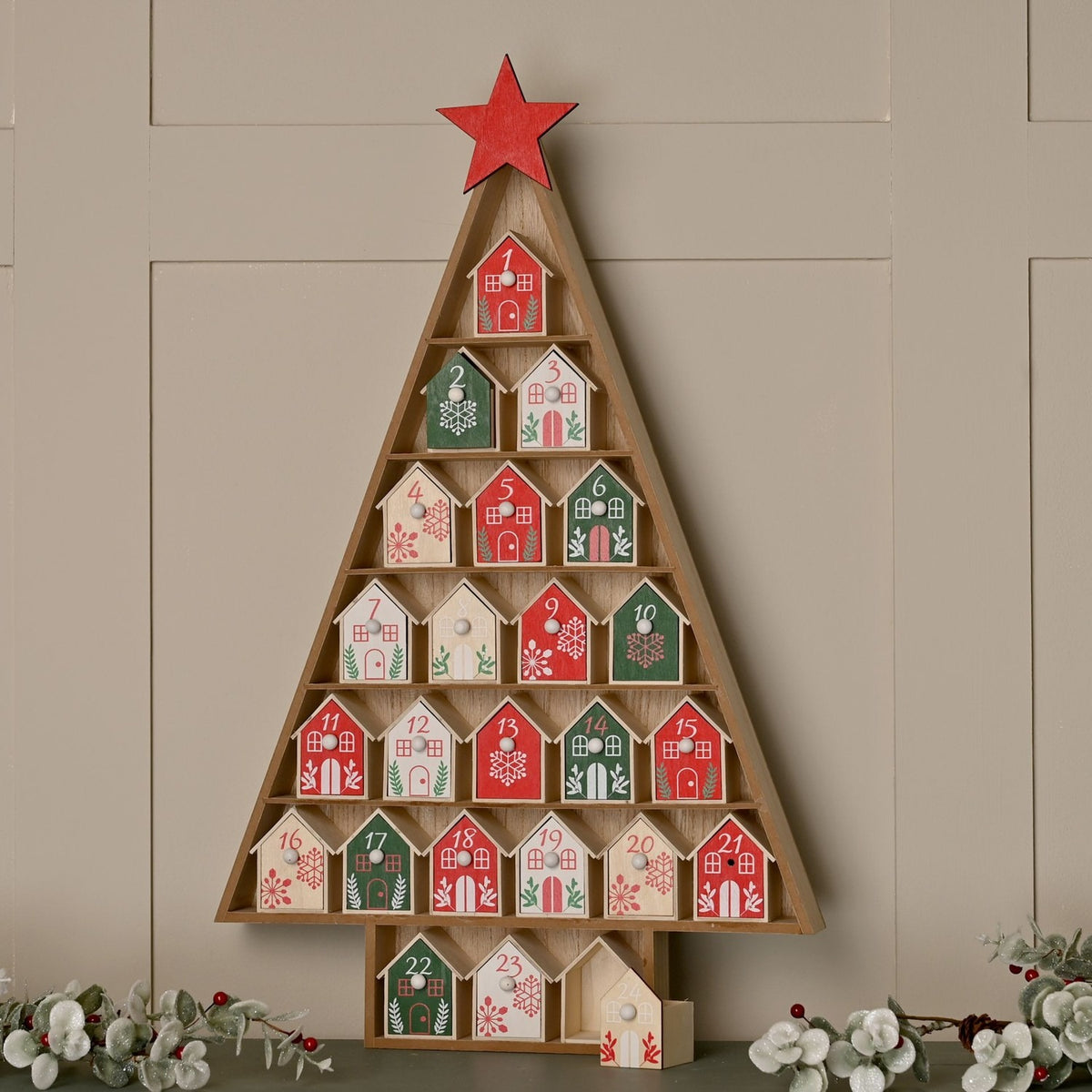 Christmas Tree Advent Calendar with Cottages 61.5cm - Natural