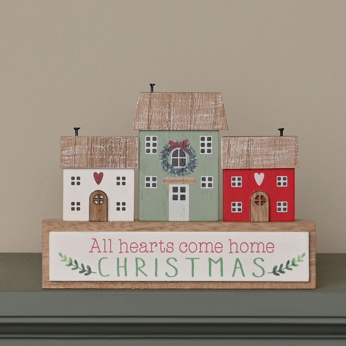 All Hearts Come Home Christmas Wooden Mantel Village Scene 17cm