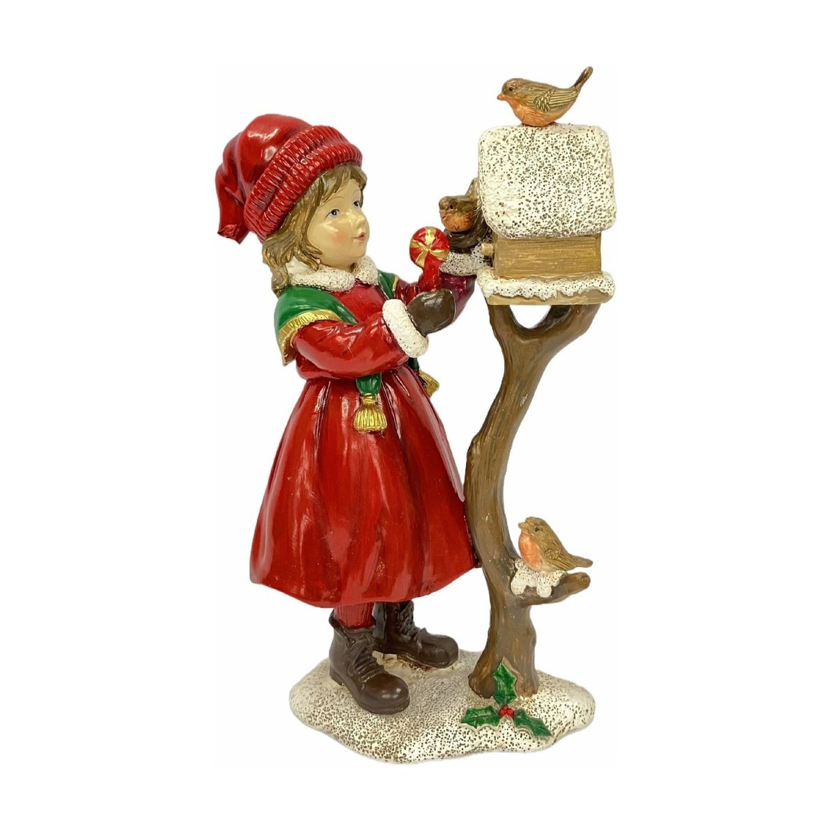 Resin Christmas Dress Girl Feeding Robins Figurine 19.5cm - Red