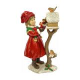 Resin Christmas Dress Girl Feeding Robins Figurine 19.5cm - Red