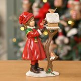 Resin Christmas Dress Girl Feeding Robins Figurine 19.5cm - Red