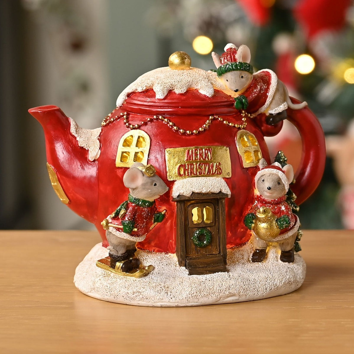 Christmas House Light Up Resin Teapot with Mice - Red & White