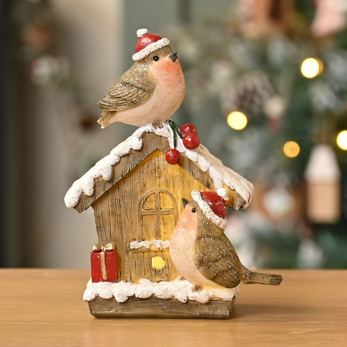 Resin Light-Up Birdhouse Decoration with 2 Robins - Brown & White