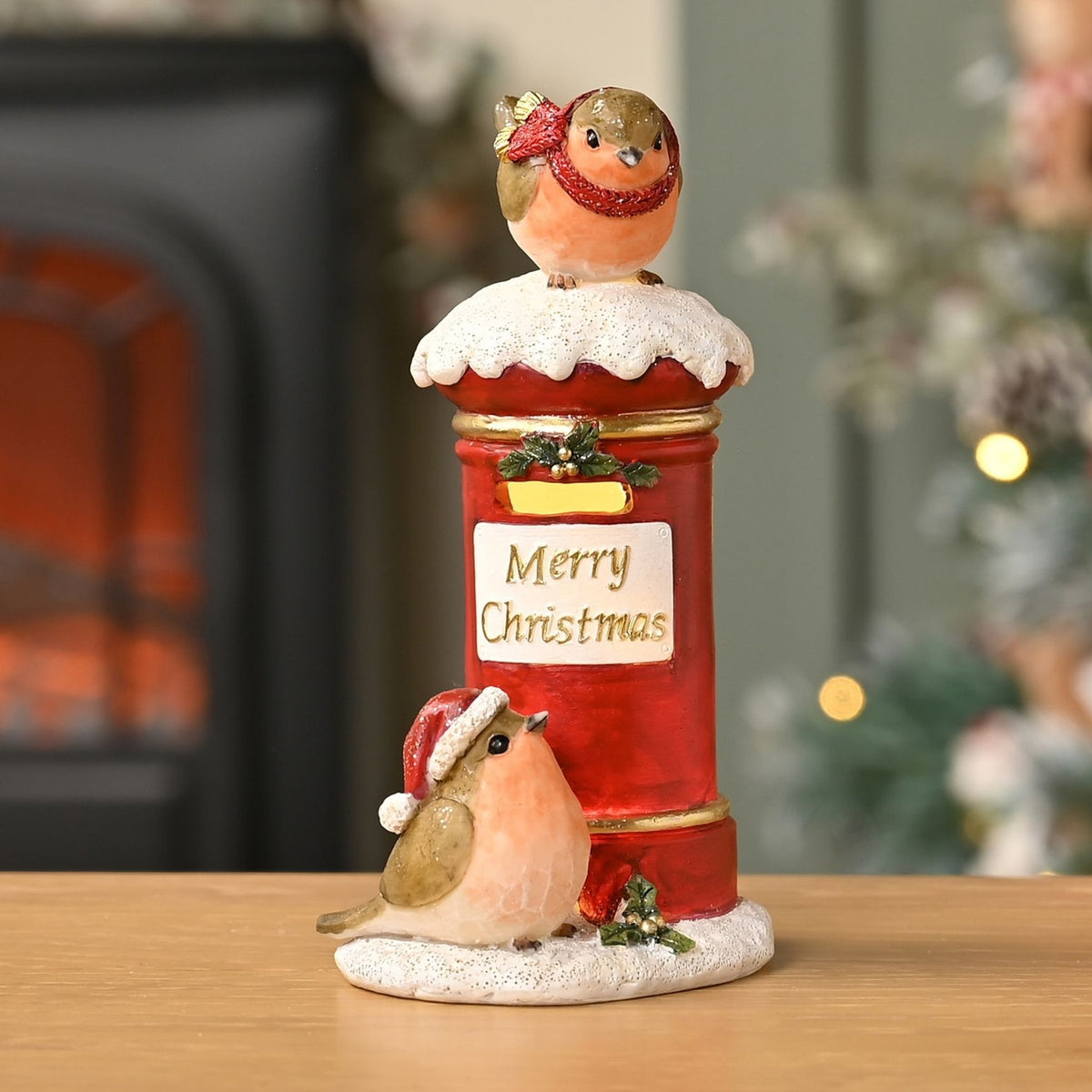 Postbox and Two Robins Resin Light-Up Decoration 17cm - Red