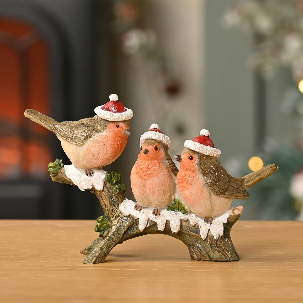 Resin Robin Family Figurine on Branch 15cm Wide - Brown & Orange