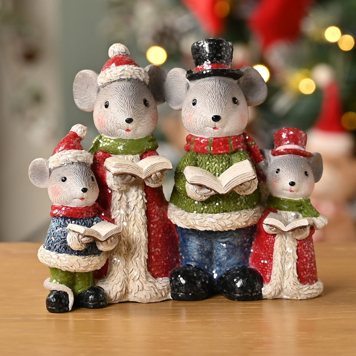 Christmas Mice Carolling Family Resin Figurine with Books