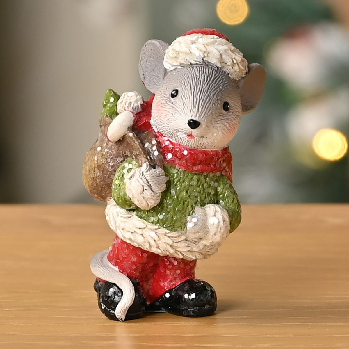 Christmas Mouse Resin Figurine with Santa Hat and Sack 7.5cm