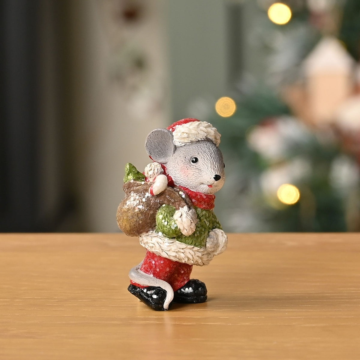 Christmas Mouse Resin Figurine with Santa Hat and Sack 7.5cm