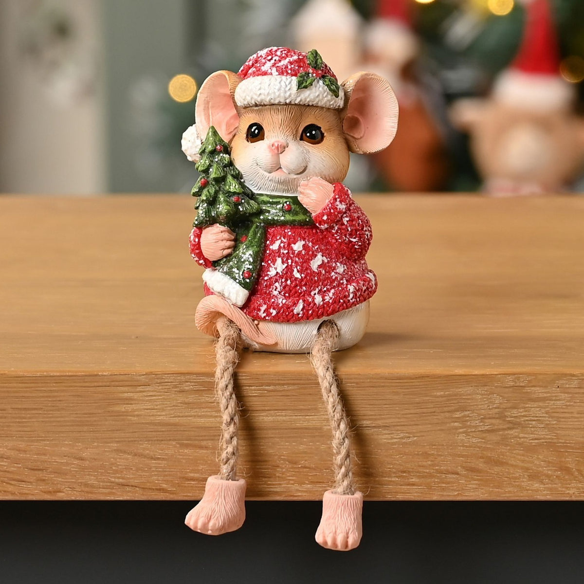 Christmas Mouse Shelf Edge Resin Figurine - Red & Beige