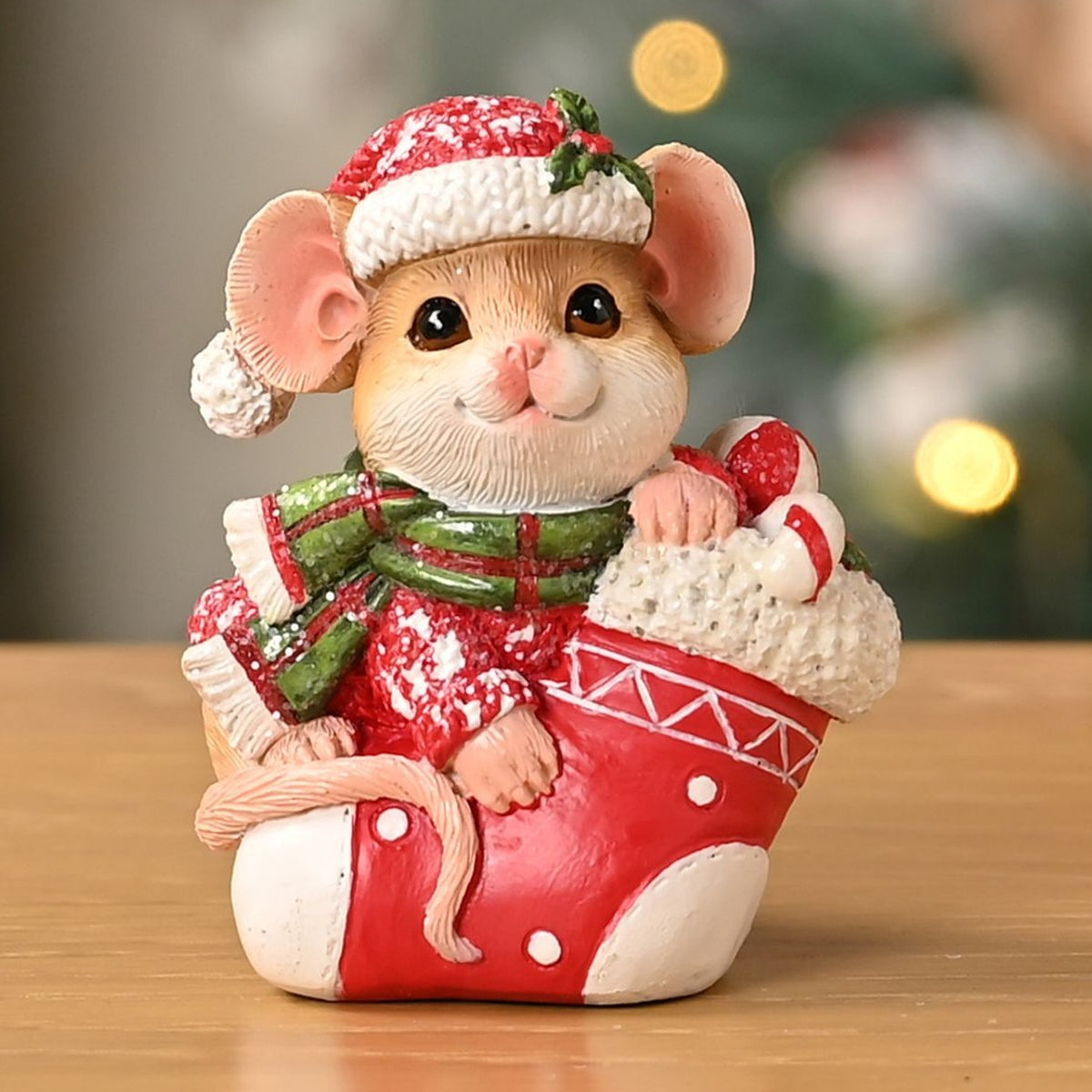 Christmas Mouse on a Stocking Figurine 8cm - Red & White