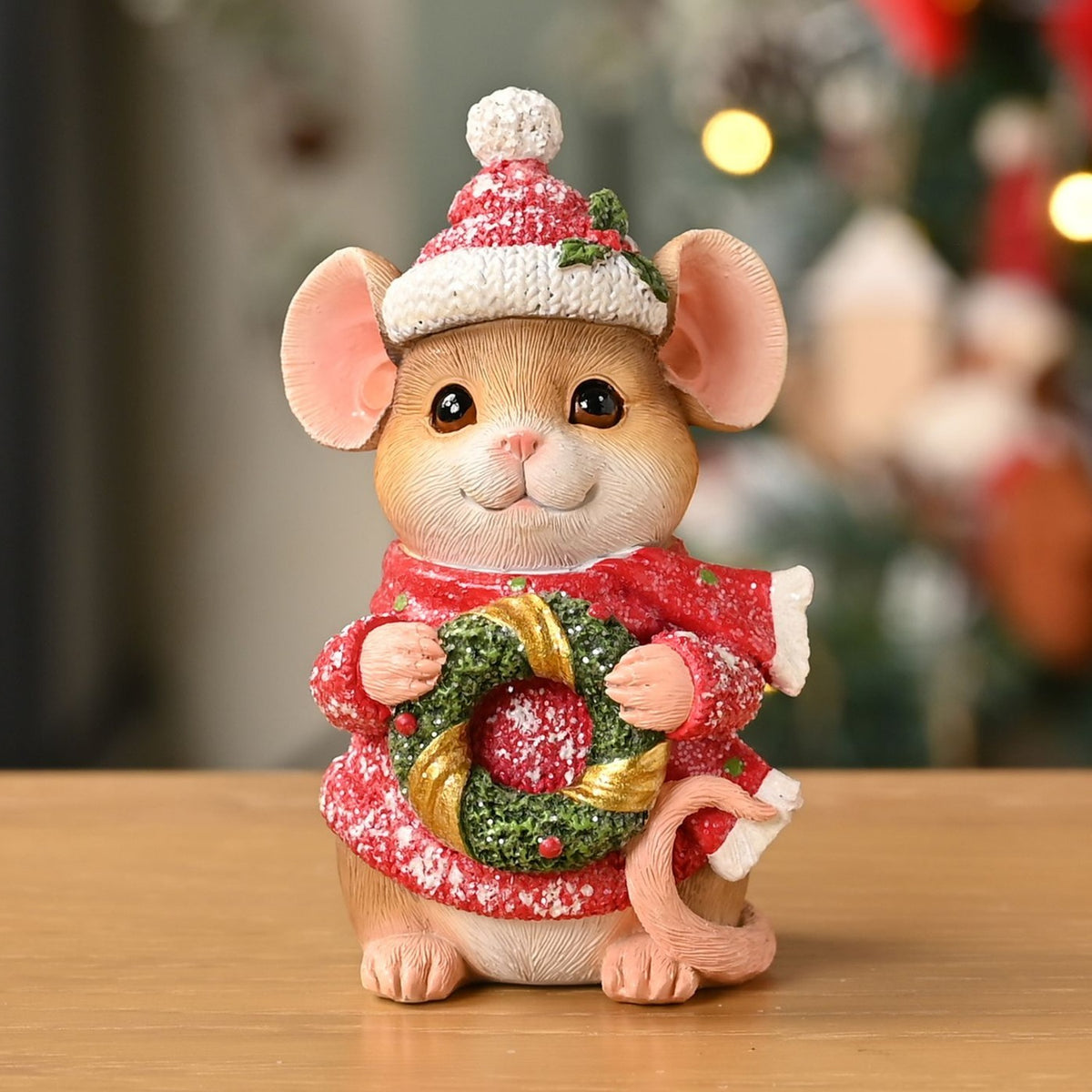 Christmas Standing Mouse Resin Figurine 11cm - Red & Brown