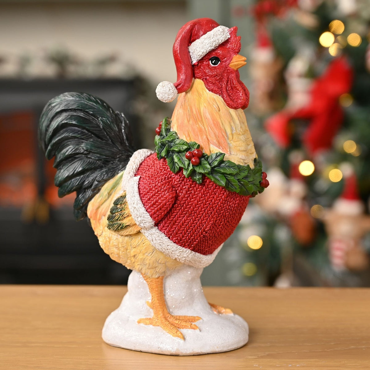 Christmas Standing Rooster Figurine with Santa Hat 23.3cm