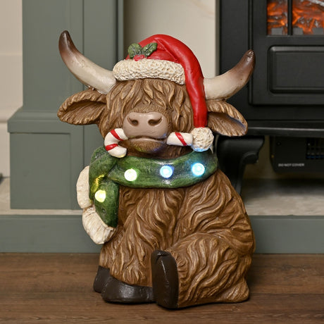 Christmas Highland Cow Plastic Light-Up Decoration 34.5cm - Brown