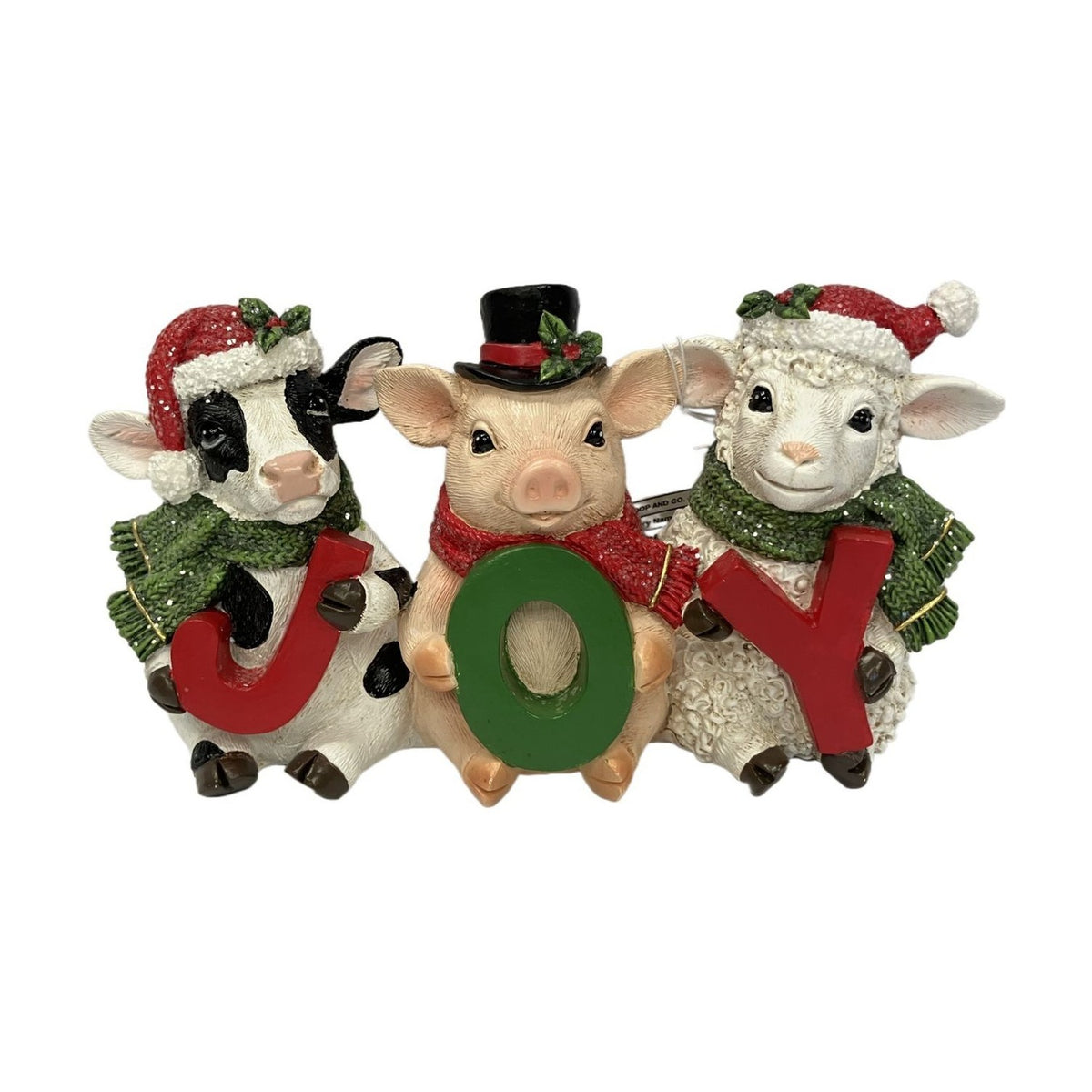 Christmas Cow, Pig and Sheep Holding Joy Resin Figurine