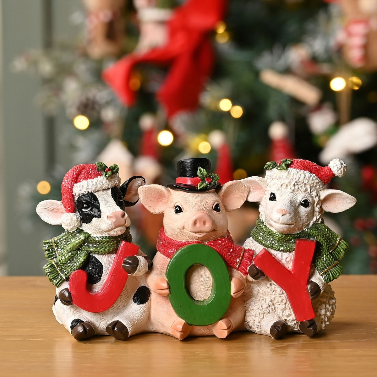Christmas Cow, Pig and Sheep Holding Joy Resin Figurine
