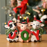 Christmas Cow, Pig and Sheep Holding Joy Resin Figurine